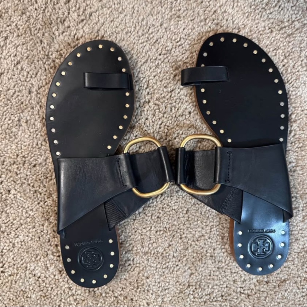 Tory Burch Black Sandals with Gold Studs
